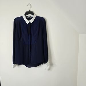 Herve Benard Blue and White Buttoned Blouse with Peter Pan Collar